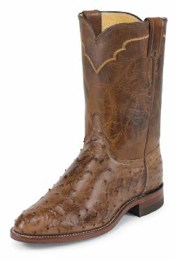 Justin 3191 Men's Exotic Roper Boot with Antique Brown Vintage Full Quill Ostrich Foot and a Roper Toe