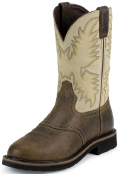 Justin SE4661 Men's Stampede Collection Work Boot with Waxy Brown Leather Foot, Perfed Saddle and a Stampede Round Steel Toe