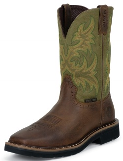 Justin SE4688 Men's Stampede Collection Work Boot with Waxy Brown Leather Foot and a Stampede Square Steel Toe