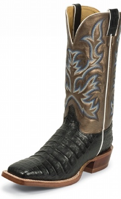 Justin 9607 Men's Exotic Western Boot with Black Vintage Belly Caiman and a Double Stitched Wide Square Toe