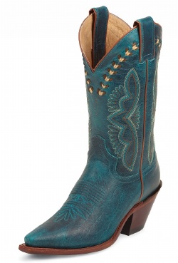 Justin L4302 Ladies Fashion Boot with Turquoise Damiana Cow Foot and a Narrow Snipped Toe