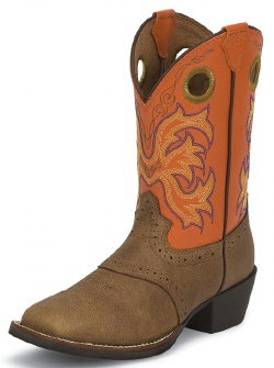 Justin 2522JR Kids Stampede Boot with Tan Dakota Leather Foot with Perfed Saddle and a Double Stitched Wide Square Toe