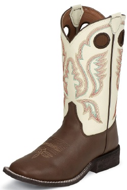 Justin 301JR Kids Cowboy Boot with Chocolate Burnished Leather Foot and a Double Stitched Wide Square Toe