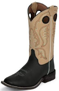 Justin 303JR Kids Cowboy Boot with Black Burnished Leather Foot and a Double Stitched Wide Square Toe