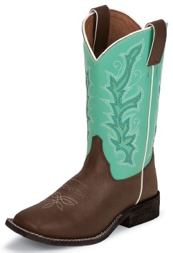 Justin 310JR Kids Cowboy Boot with Chocolate Burnished Leather Foot and a Double Stitched Wide Square Toe