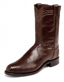 Justin 3114 Men's Exotic Roper Boot with Chocolate Lizard Foot and a Roper Toe