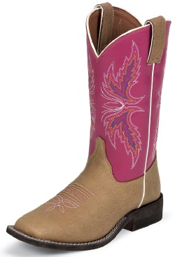 Justin 311JR Kids Cowboy Boot with Tan Vintage Leather Foot and a Double Stitched Wide Square Toe