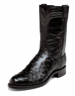 Justin 3171 Men's Exotic Roper Boot with Black Full Quill Ostrich Foot and a Roper Toe