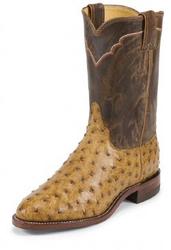 Justin 3190 Men's Exotic Roper Boot with Antique Tan Full Quill Ostrich Foot and a Roper Toe