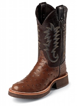 Justin 5031 Men's Tekno Crepe Western Boot with Antique Brown Full Quill Ostrich Foot and a Double Stitched Low Profile Round Toe