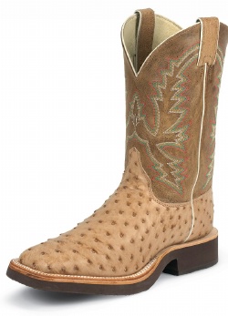 Justin 5140 Men's Tekno Crepe Western Boot with Antique Tan Vintage Full Quill Ostrich Foot and a Double Stitched Wide Square Toe