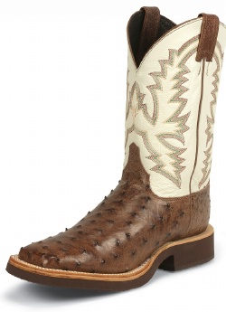 Justin 5141 Men's Tekno Crepe Western Boot with Antique Brown Vintage Full Quill Ostrich Foot and a Double Stitched Wide Square Toe
