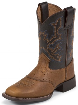 Justin 7010Y Youth Cowboy Boot with Mahogany Worn Saddle Leather Foot with Saddle and a Double Stitched Wide Square Toe