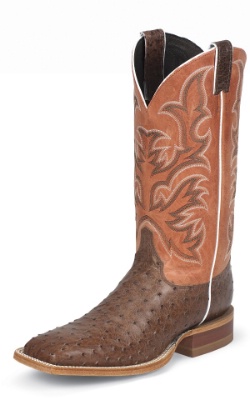 Justin 8573 Men's AQHA Lifestyle Remuda Western Boot with Antique Brown Full Quill Ostrich Foot and a Double Stitched Wide Square Toe