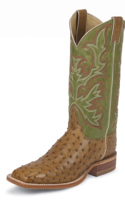 Justin 8574 Men's AQHA Lifestyle Remuda Western Boot with Antique Saddle Full Quill Ostrich Foot and a Double Stitched Wide Square Toe