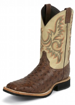 Justin 8582 Men's AQHA Lifestyle Q-Crepe Western Boot with Antique Brown Full Quill Ostrich Foot and a Double Stitched Wide Square Toe