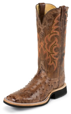 Justin 8810 Men's AQHA Lifestyle Q-Crepe Western Boot with Antique Brown Vintage Full Quill Ostrich Foot and a Double Stitched Wide Square Toe
