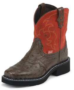 Justin 9967JR Kids Gypsy Boot with Chocolate Ostrich Print Leather Foot with Perfed Saddle and a Single Stitched Wide Square Toe