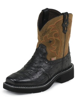 Justin 9968JR Kids Gypsy Boot with Black Ostrich Print Leather Foot with Perfed Saddle and a Single Stitched Wide Square Toe