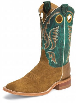 Justin BR306 Men's Bent Rail Western Boot with Rust Ruff Out Cowhide Foot and a Double Stitched Wide Square Toe