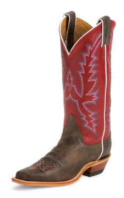 Justin BRL314 Ladies Bent Rail Western Boot with America Burnished Chocolate Cowhide Foot and a Single Stitched Wide Square Toe