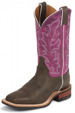 Justin BRL330 Ladies Bent Rail Western Boot with Chocolate Bisonte Cowhide Foot and a Double Stitched Wide Square Toe