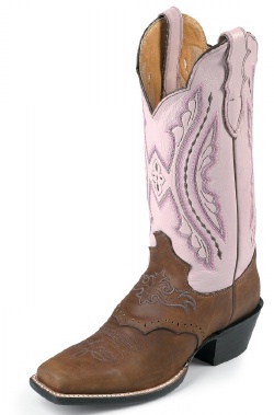 Justin L2667 Ladies Punchy Western Boot with Coffee Westerner Cowhide Foot w/ Perfed Saddle and a Single Stitched Wide Square Toe