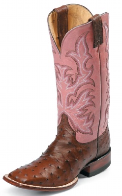 Justin L8506 Ladies AQHA Lifestyle Remuda Western Boot with Antique Brown Full Quill Ostrich Foot and a Double Stitched Wide Square Toe
