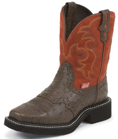 Justin L9967 Ladies Gypsy Casual Boot with Chocolate Ostrich Print Foot w/  Perfed Saddle and a Single Stitched Wide Square Toe