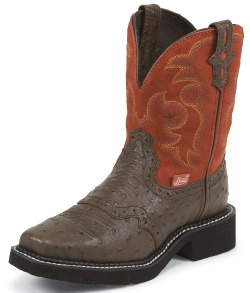 Justin L9967 Ladies Gypsy Casual Boot with Chocolate Ostrich Print Foot w/ Perfed Saddle and a Single Stitched Wide Square Toe