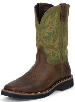 Justin SE4687 Men's Stampede Collection Work Boot with Waxy Brown Leather Foot and a Stampede Square Toe