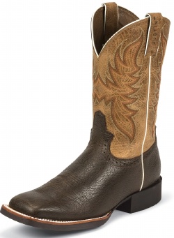 Justin 7209 Men's Stampede Western Western Boot with Chocolate Print Cowhide Foot and a Double Stitched Wide Square Toe