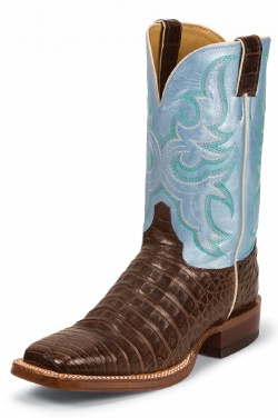 Justin 9614 Men's Exotic Western Boot with Chocolate Vintage Belly Caiman and a Double Stitched Wide Square Toe