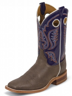 Justin BR312 Men's Bent Rail Western Boot with Chocolate Bisonte Suede Cowhide Foot and a Double Stitched Wide Square Toe