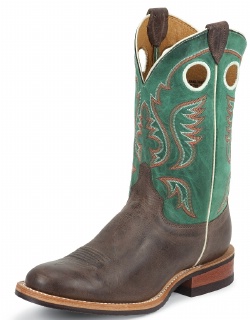 Justin BR370 Men's Bent Rail Boot with Chocolate America Cow Foot and a Double Stitched Wide Round Toe