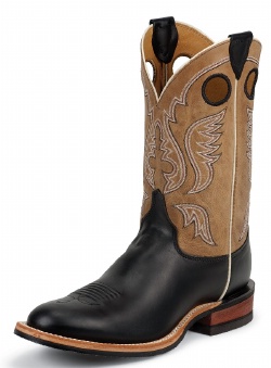 Justin BR371 Men's Bent Rail Boot with Black Superior Cow Foot and a Double Stitched Wide Round Toe