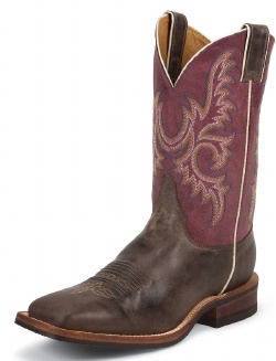 Justin BR373 Men's Bent Rail Boot with Chocolate America Cow Foot and a Double Stitched Wide Square Toe