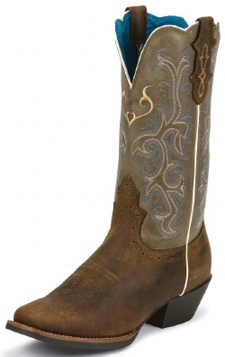 Justin L2566 Ladies Stampede Western Western Boot with Rugged Tan Cowhide Foot and a Wide Square Toe
