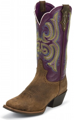 Justin L2567 Ladies Stampede Western Western Boot with Tan Distressed Buffalo and a Wide Square Toe