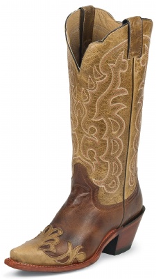 Justin L4337 Ladies Fashion Western Boot with Moka Damiana Cowhide Foot with Fancy Taupe Wingtip and a Narrow Rounded Toe