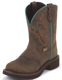 Justin L9607 Ladies Gypsy Western Boot with Barnwood Brown Cowhide Foot with Perfed Saddle and a Fashion Round Toe