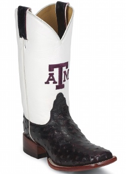 Nocona LDATM02 Ladies Collegiate Western Boot with Black Cherry Bush Off Full Quill Ostrich Foot, Wide Square Toe