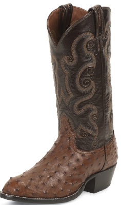 Tony Lama CT878 Men's Exotic Collection Western Boot with Coffee Full Quill Ostrich Leather Foot and a Wide Round Toe