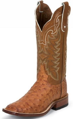 Tony Lama E9321 Men's San Saba Collection Western Boot with Cognac Vintage Full Quill Ostrich Leather Foot and a Double Stitched Wide Square Toe
