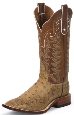 Tony Lama E9322 Men's San Saba Collection Western Boot with Antique Tan Full Quill Ostrich Leather Foot and a Double Stitched Wide Square Toe