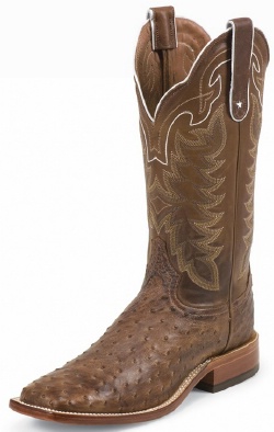 Tony Lama E9323 Men's San Saba Collection Western Boot with Chocolate Vintage Full Quill Ostrich Leather Foot and a Double Stitched Wide Square Toe