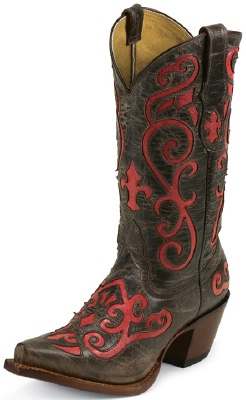 Tony Lama VF3023 Ladies Vaquero Collection Western Boot with Chocolate Goldrush Leather Foot with Rose Inlay and a Narrow Square Toe
