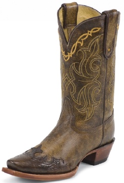 Tony Lama VF6004 Ladies Vaquero Western Boot with Bark Santa Fe Leather Foot with Tan Tooled Wingtip and a Square Dress Toe